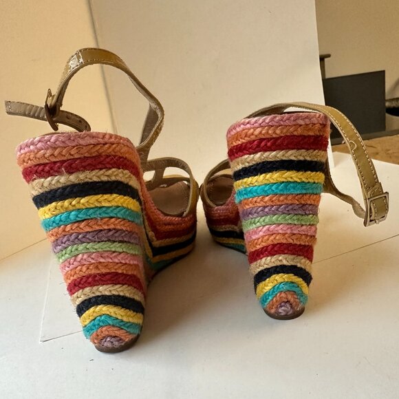 KATE SPADE SZ11 RAINBOW PLATFORM TAN PATENT LEATHER HIGH WEDGE ESPADRILLE SANDAL - Picture 4 of 8